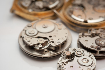 Detail of watch machinery on the table. 