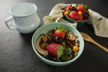 Bowl of breakfast cereals, fruits with spoon and milk