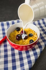 Milk being poured into bowl of wheaties cereal