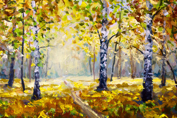 Straße im Herbstwald - Original Ölgemälde Weiße Birken im Herbstwald. Schöne goldene Herbstlandschaft des Expressionismus. Moderner Impressionismus orange Herbst Natur Malerei Kunst. © weris7554