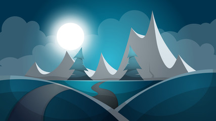 Travel night cartoon landscape. Tree, mountain, comet, star, moon road illustration Vector eps 10