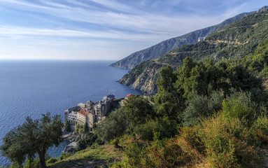 Agia Grigoriou Orthodox monastery at Mount Athos, Agion Oros, Holy Mountain, Halkidiki , Greece.