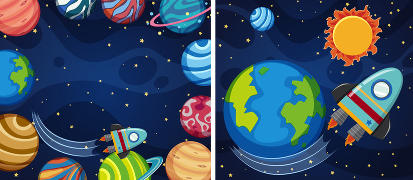 Two space background with planets and rocket