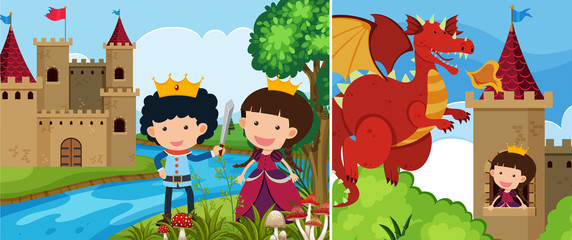 Two fairytale scenes with princess in the tower