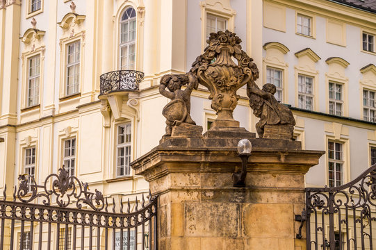 Decorative sculptural elements of the facade of a government building in Prague, Czech Republic