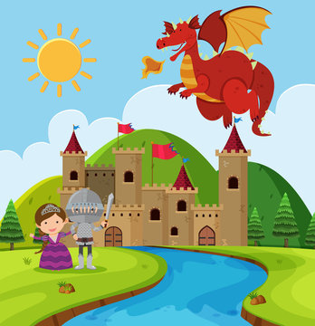Scene with dragon and knight in fairyland