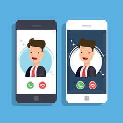 Incoming call on mobile phone. Businessman or manager calls on the smartphone. Accept or reject an incoming call. Vector flat illustration.