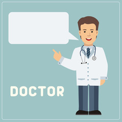 Vector doctor with bubble speech in cartoon style. Smiling doctor says important information about health.