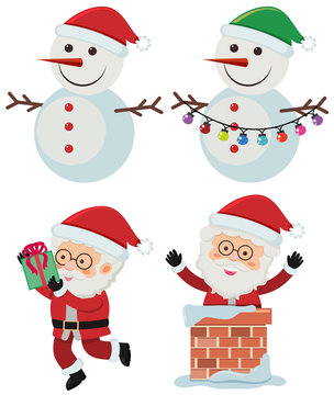 Two snowmen and santa claus on white background