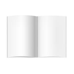 Vector realistic opened book, journal or magazine mockup with sheet of A4. Blank open pages of sketchbook or notebook template for catalog, brochure design