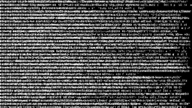 Code Scramble Overload. Full screen saver graphic loop as complex encrypted codes randomly fluctuates on the display.