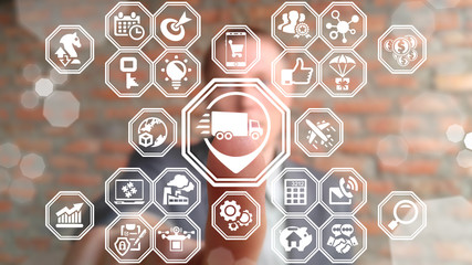 raison être Supply Chain Management and Distribution. Fast Global Shipping Delivery Service. Logistics Business concept. Businessman presses place truck button on a virtual touchscreen.