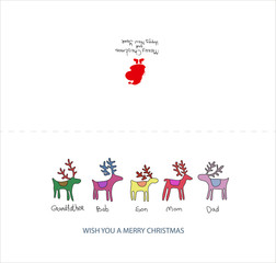 Vector Christmas card template Christmas card with a family of deer in the style of children's drawing.