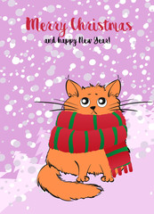 Merry Christmas and a Happy New Year. Christmas card with a cute cat in a red scarf on a background of falling snow.