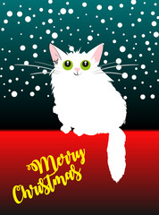 Cute white cat on a christmas background. Cat against the background of falling snow. Vector Christmas illustration.
