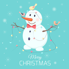 White snowman happy smiling cartoon character on blue background with snowflakes. Carrot nose and red bow tie. Colorful birds. Lights garland. Merry Christmas card poster template. Vector illustration