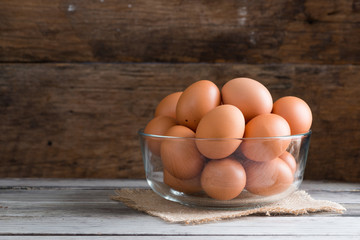 Organic eggs on wood. Fresh eggs.