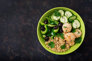 Baked meatballs from turkey fillet with garnish of quinoa and salad from fresh vegetables. Proper nutrition. Sports nutrition. Dietary menu. Flat lay. Top view