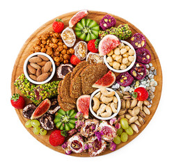 Mix fruits and nuts, healthy diet, Turkish sweets, eating lean. Flat lay. Top view