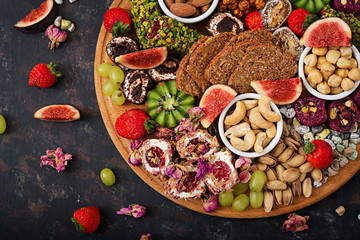 Mix fruits and nuts, healthy diet, Turkish sweets, eating lean. Flat lay. Top view