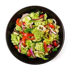 Vegan salad of fresh vegetables and cabbage romanesko. Dietary menu. Proper nutrition. Flat lay. Top view