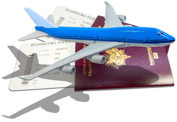 avion bleu sur passeports et carte d'accès à bord