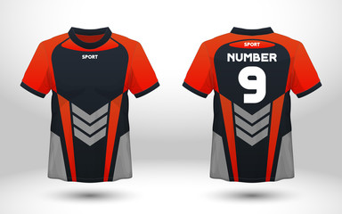 Naklejka premium Layout football sport t-shirt design. Template front, back view. Soccer kit national team shirt mock up. Vector Illustration.