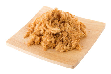 Dried shredded pork In a wooden tray isolated on white background