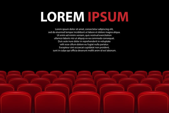 Empty movie theater auditorium with red seats. Rows of red cinema seats with black screen with sample text background. Vector illustration.