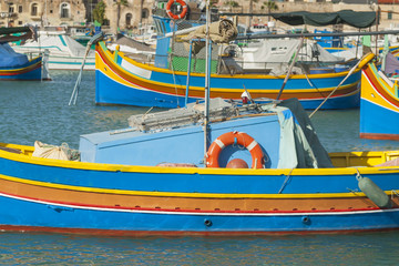 Fototapeta na wymiar Malta, Marsaxlokk Harbour, Luzzu Boats
