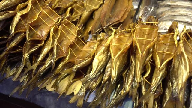 Russia Baikal omul fish market. Close macro gimbal 4K footage