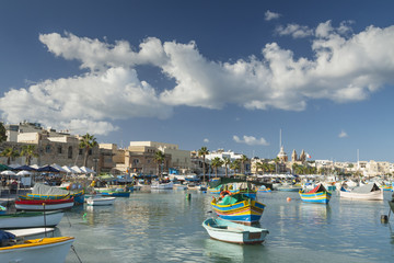 Fototapeta na wymiar Malta, Marsaxlokk Harbour, Luzzu Boats