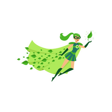 Flying eco superhero female in costume