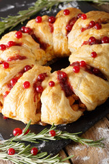 Appetizing chicken pie with cranberries and cheese close-up. vertical