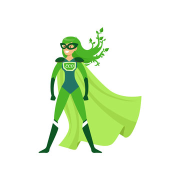 Green-haired girl superhero standing in proud pose