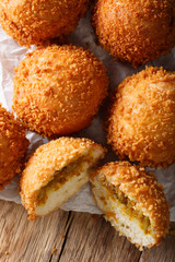 Japanese cut Kare-pan in breadcrumbs macro. Vertical top view