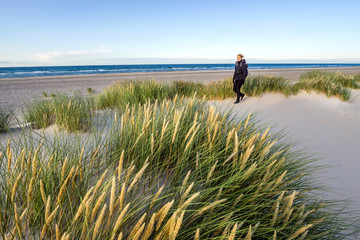 Young woman hiking in coastal dune grass at beach of North Sea.