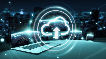 Cloud icon interface over modern tech devices 3D rendering