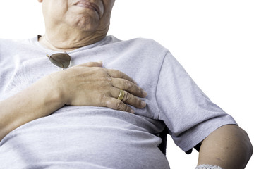 Senior man overweight hand grabbing his chest isolated
