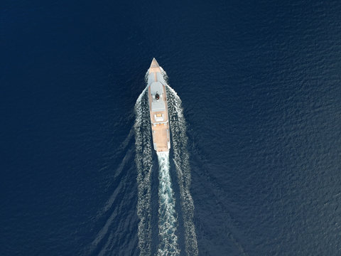 Fototapeta Super yacht top view during cruise 