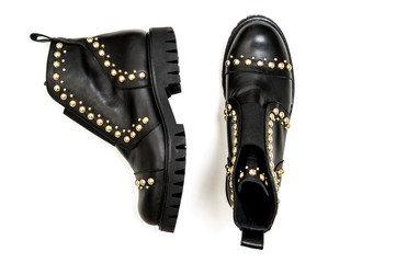 Black shoes golden accessories Fashion flat lay - obrazy, fototapety, plakaty