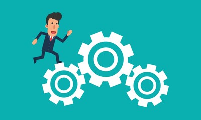 Businessman running over mechanism gears simple cartoon character vector illustration in flat modern design isolated in turquoise background