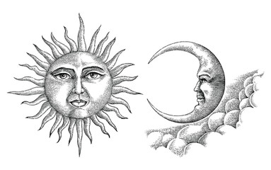 Vintage moon and sun hand drawing vintage style - obrazy, fototapety, plakaty