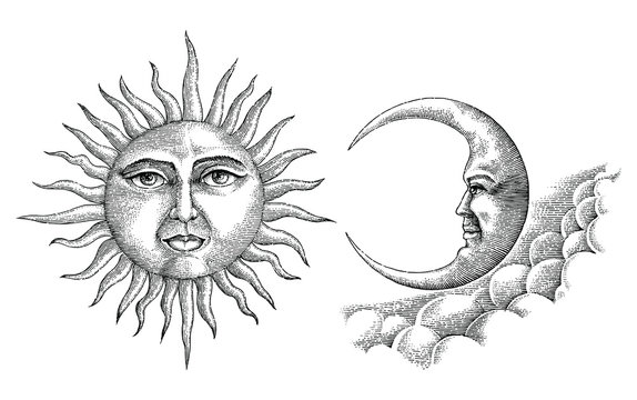 Naklejki Vintage moon and sun hand drawing vintage style