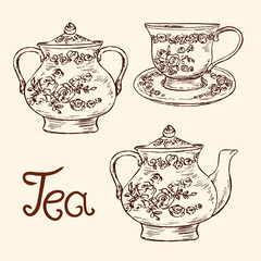 Classical porcelain set: sugar bowl, cup and saucer, teapot with roses and leaves ornament, hand drawn doodle, simple sketch in pop art style, vector black and white illustration