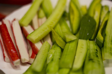 cucumber and crab sticks on a plate