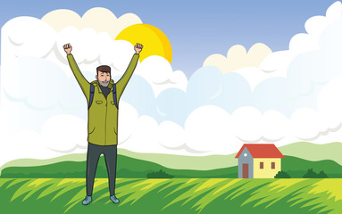 Happy young man on the morning walk in the agricultural landscape. A tourist with their hands up, a gesture of success to goals. Vector Illustration.