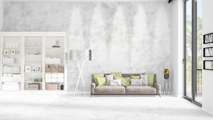 Scene with brand new interior in vogue with white rack and modern grey sofa. 3D rendering. Horizontal arrangement.