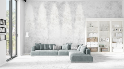 Scene with brand new interior in vogue with white rack and modern grey sofa. 3D rendering. Horizontal arrangement.