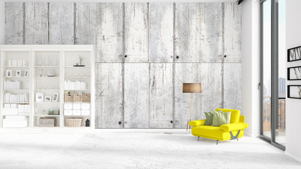 Obraz na płótnie Canvas Scene with brand new interior in vogue with white rack and modern yellow chair. 3D rendering. Horizontal arrangement.